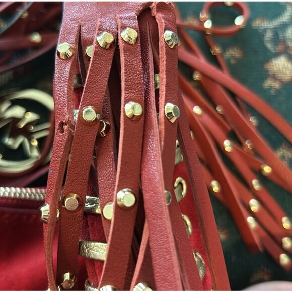Michael Michael Kors Red and Gold Grommet Whipstitch Suede Fringe Rhea Crossbody - Picture 10 of 11